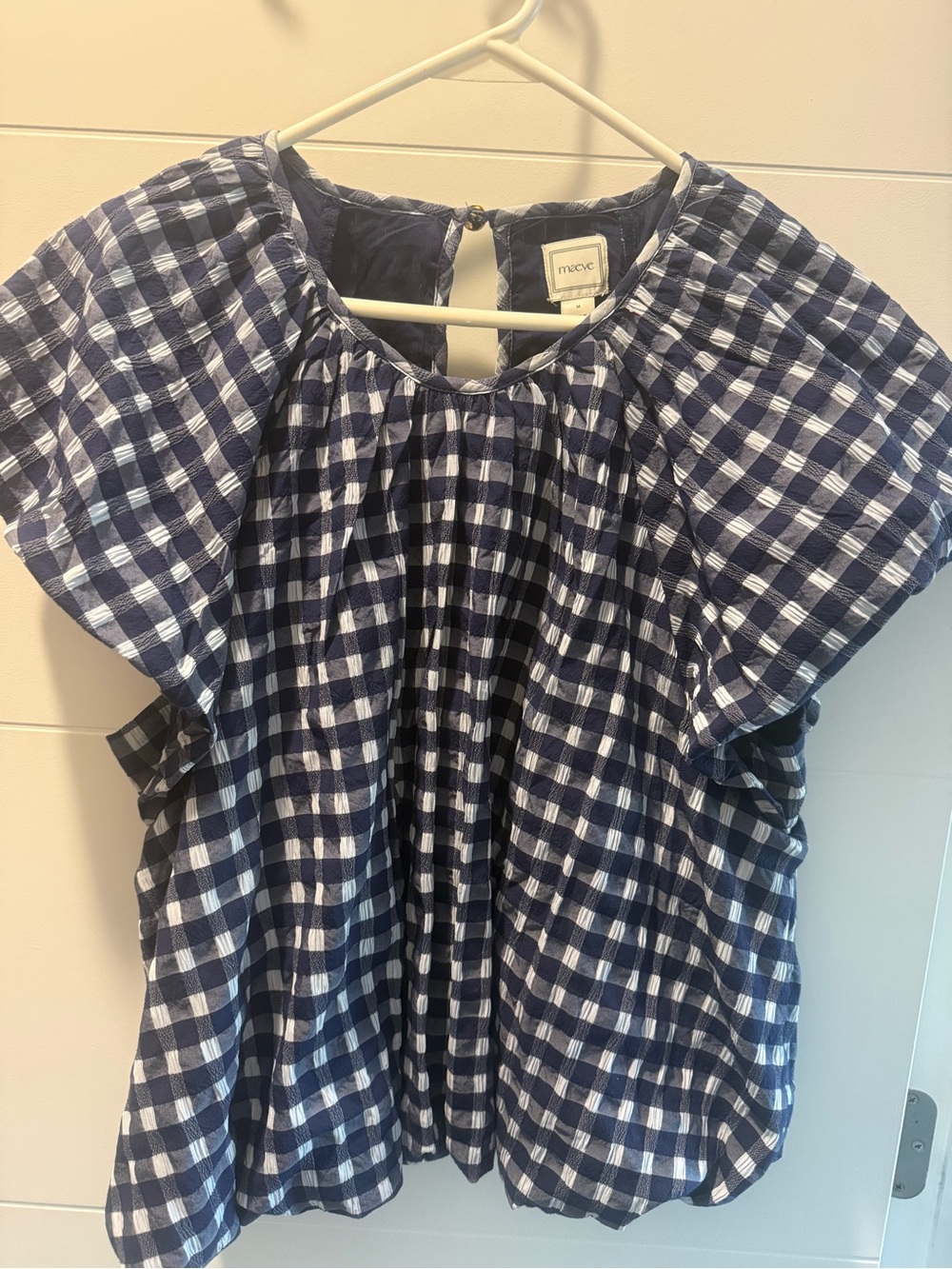 Anthropologie- Maeve Blue and White Gingham Short Sleeve Blouse - Sz M